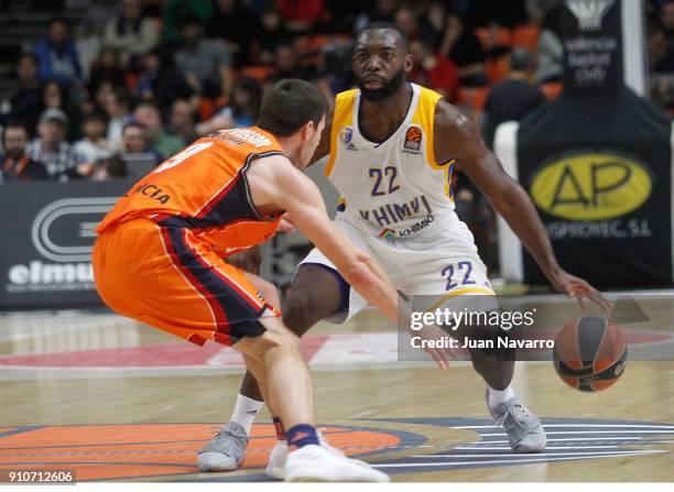 Charles Jenkins, #22 of Khimki Moscow Region in action during the 2017/2018 Turkish Airlines EuroLeague Regular Season Round 20 game between Valencia...