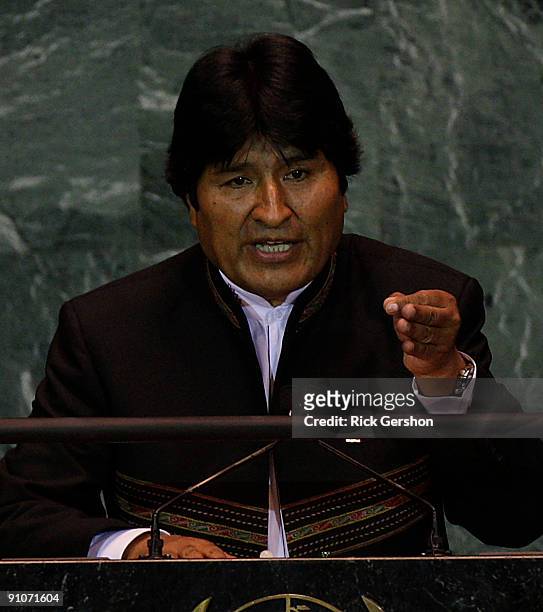Bolivian President Evo Morales Ayma addresses the United Nations General Assembly at the U.N. Headquarters on September 23, 2009 in New York City....