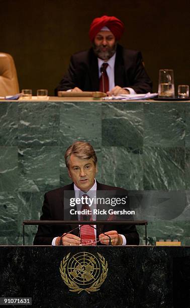 Ukraine President Victor Yushchenko prepares to address the United Nations General Assembly at the U.N. Headquarters on September 23, 2009 in New...