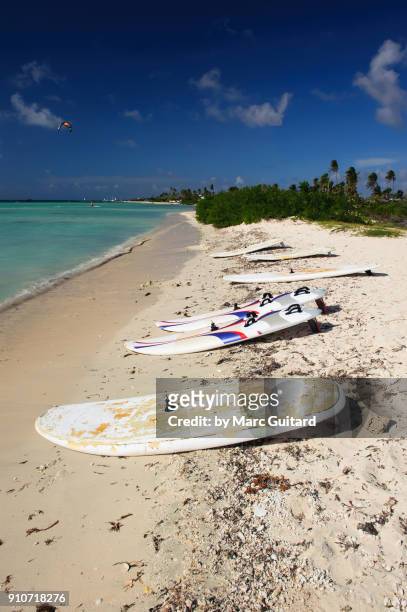 kite surf boards at hadicuri beach, noord, aruba - noord amerika stock-fotos und bilder