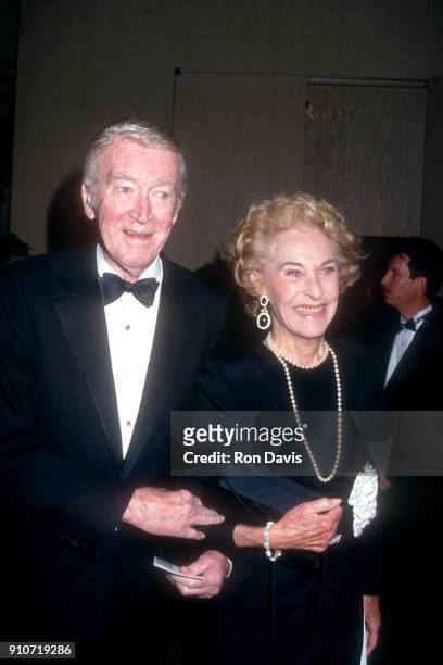 American actor Jimmy Stewart and his wife Gloria Hatrick McLean attend the American Friends of The Hebrew University's Scopus Award Honoring Aaron...