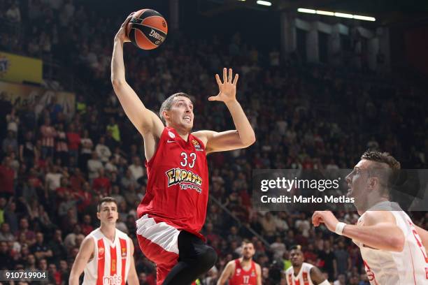 Kyle Wiltjer, #33 of Olympiacos Piraeus in action during the 2017/2018 Turkish Airlines EuroLeague Regular Season Round 20 game between Crvena Zvezda...