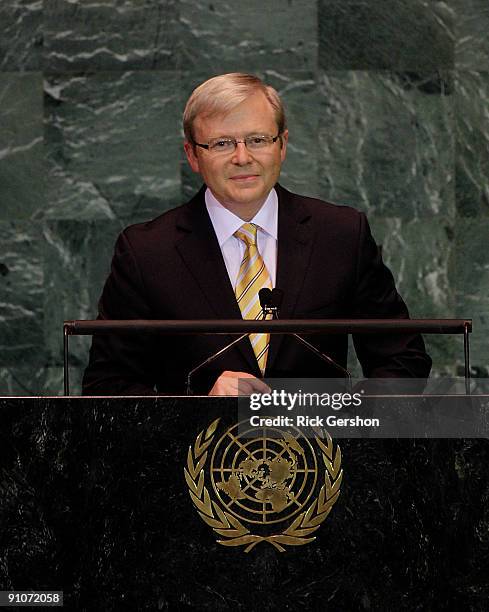 Australian Prime Minister Kevin Rudd addresses the United Nations General Assembly at the U.N. Headquarters on September 23, 2009 in New York City....