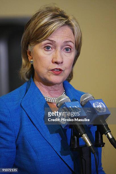 Secretary of State Hillary Clinton speaks to the media about the Iranian nuclear program after a Security Council meeting during the 64th United...