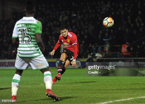 Manchester United's Chilean striker Alexis Sanchez hits a freekick at goal during the FA Cup fourth round football match between Yeovil Town and...