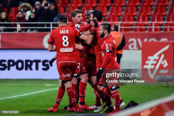 Florent BALMONT of DFCO celebrates his goal during the Ligue 1 match between Dijon FCO and Rennes at Stade Gaston Gerard on January 26, 2018 in...
