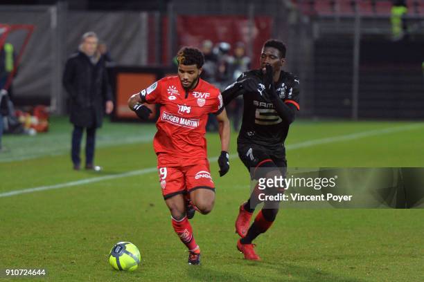 Valentin ROSIER of DFCO and Ismaila SARR of SRFC during the Ligue 1 match between Dijon FCO and Rennes at Stade Gaston Gerard on January 26, 2018 in...