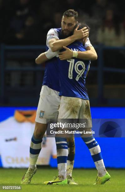 Atdhe Nuhiu of Sheffield Wednesday celebrates scoring the 2nd Sheffield Wednesday goal with Marco Matias of Sheffield Wednesday during The Emirates...