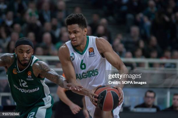 Toupane Axel of Zalgiris against Marcus Denmon of Panathinaikos Superfoods Athens seen in action during the 2017/2018 Turkish Airlines EuroLeague...