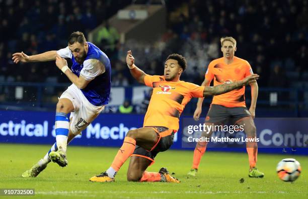 Atdhe Nuhiu of Sheffield Wednesday shoots past Liam Moore of Reading during The Emirates FA Cup Fourth Round match between Sheffield Wednesday and...