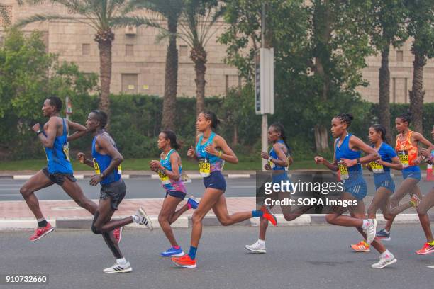 Roza Dereje of Ethiopia is out on the course and on her way to win the Standard Chartered Dubai Marathon 2018 in a new course record time of 2:19:17.