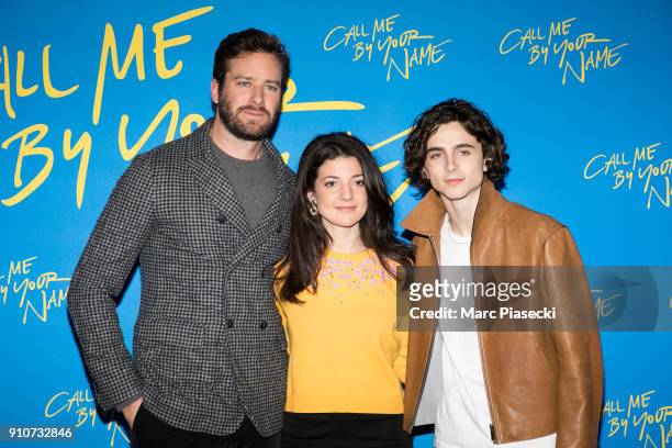 Actors Armie Hammer, Esther Garrel and Timothee Chalamet attend the 'Call me by your name' Premiere at UGC Cine Cite des Halles on January 26, 2018...