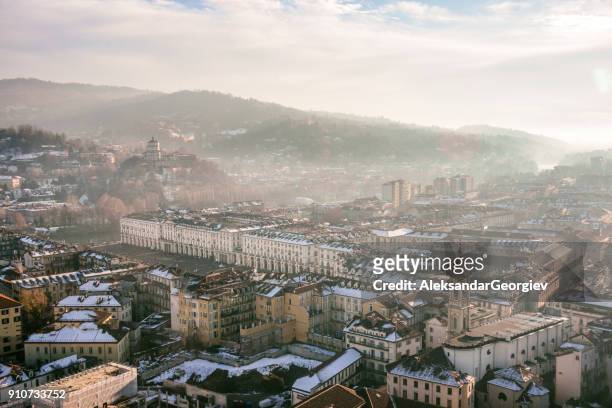 panoramic aerial view of turin and snowy italian alps - turin stock pictures, royalty-free photos & images
