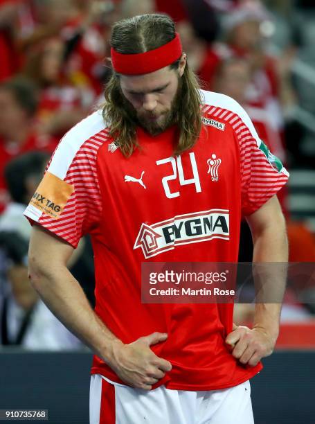 Mikkel Hansen of Denmark looks dejected after the Men's Handball European Championship semi final match between Denmark and Sweden at Arena Zagreb on...