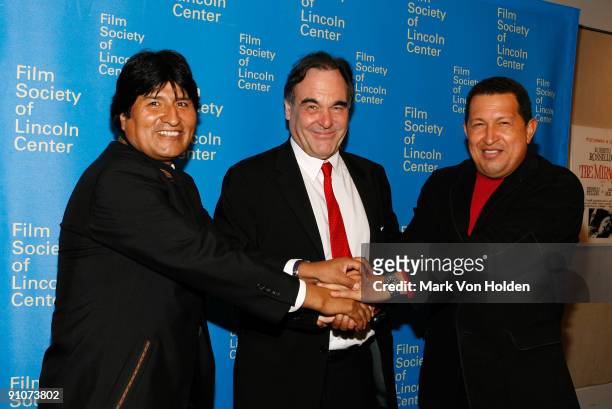 President of Bolivia Evo Morales, Director Oliver Stone and President of Venezuela, Hugo Chavez attend the "South of the Border" premiere at the...