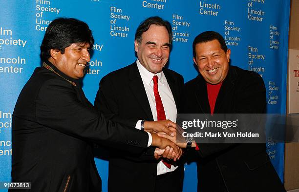 President of Bolivia Evo Morales, Director Oliver Stone and President of Venezuela, Hugo Chavez attend the "South of the Border" premiere at the...