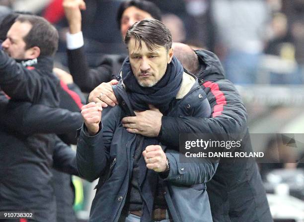 Frankfurt's Croatian head coach Niko Kovac celebrates the 2-0 goal during the German first division Bundesliga football match, Eintracht Frankfurt v...