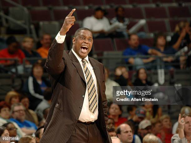 Head Coach Rick Mahorn of the Detroit Shock reacts during a game against the Indiana Fever in Game One of the WNBA Eastern Conference Finals on...