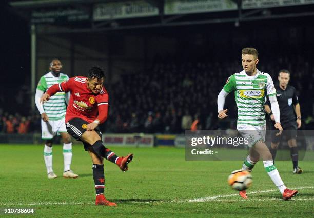 Manchester United's Chilean striker Alexis Sanchez takes a shot at goal during the FA Cup fourth round football match between Yeovil Town and...