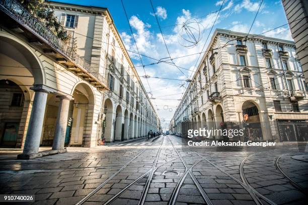 wide angle view of main street in turin, italy - traffic light control box stock pictures, royalty-free photos & images