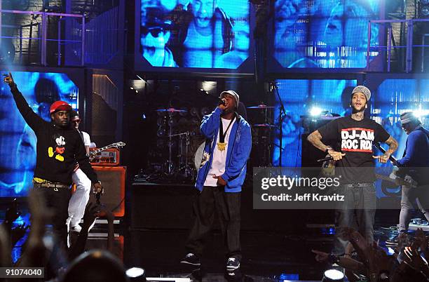 Wale, KRS-one and Travis McCoy perform onstage at the 2009 VH1 Hip Hop Honors at the Brooklyn Academy of Music on September 23, 2009 in the Brooklyn...