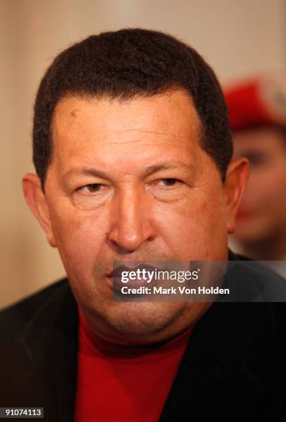 President of Venezuela, Hugo Chavez attend the "South of the Border" premiere at the Walter Reade Theater on September 23, 2009 in New York City.