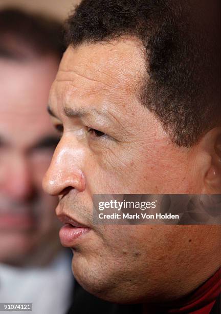 President of Venezuela, Hugo Chavez attend the "South of the Border" premiere at the Walter Reade Theater on September 23, 2009 in New York City.