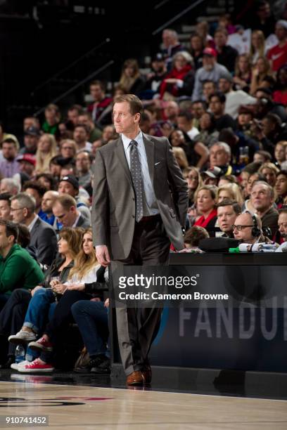 Terry Stotts of the Portland Trail Blazers looks on during the game against the Dallas Mavericks on January 20, 2018 at the Moda Center Arena in...