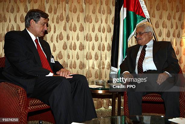 In this handout image provided by the Palestinian Press Office , Palestinian President Mahmoud Abbas meets with Slovenian President Danilo Turk...