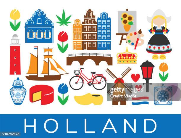 dutch travel icons holland landmarks amsterdam netherlands - netherlands stock illustrations
