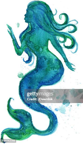 watercolor silhouette of a mermaid - mermaid stock illustrations