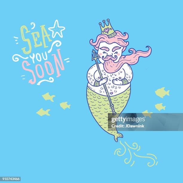 cute cartoon merman - merman stock illustrations
