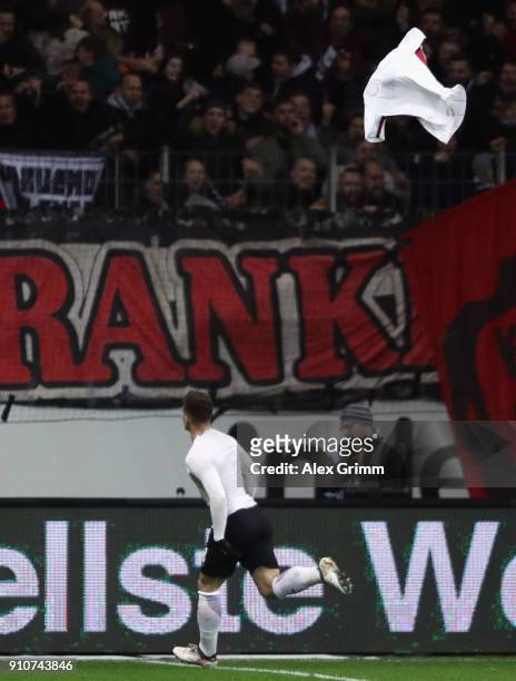 Luka Jovic of Frankfurt celebrates his team's second goal during the Bundesliga match between Eintracht Frankfurt and Borussia Moenchengladbach at...