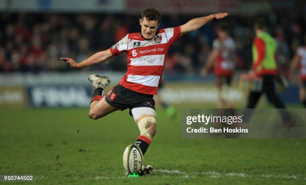 Billy Burns of Gloucester successfully kicks at goal during the Anglo-Welsh Cup match between Gloucester Rugby and Ospreys at Kingsholm Stadium on...