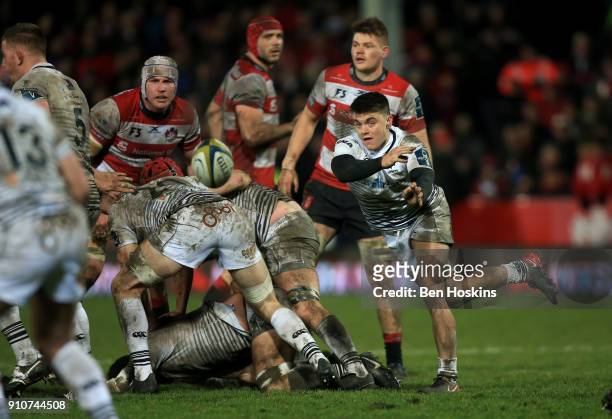 Reuben Morgan-Williams of Ospreys throws the ball out during the Anglo-Welsh Cup match between Gloucester Rugby and Ospreys at Kingsholm Stadium on...