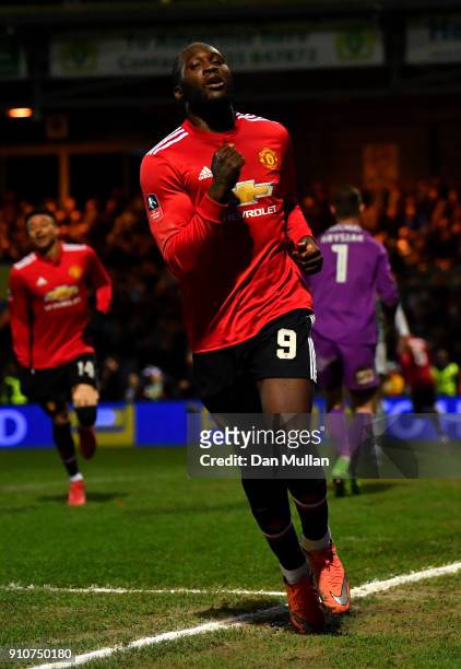 Romelu Lukaku of Manchester United celebrates scoring the fourth Manchester United goal during The Emirates FA Cup Fourth Round match between Yeovil...