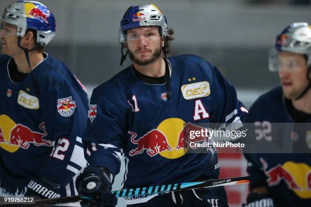 Keith Aucoin of Red Bull Munich before the 46th game day of the German Ice Hockey League between Red Bull Munich and Koelner Haie in the Olympia...