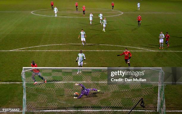 Romelu Lukaku of Manchester United scores the fourth Manchester United goal during The Emirates FA Cup Fourth Round match between Yeovil Town and...