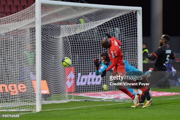 Julio TAVARES scores the second goal for Dijon during the Ligue 1 match between Dijon FCO and Rennes at Stade Gaston Gerard on January 26, 2018 in...