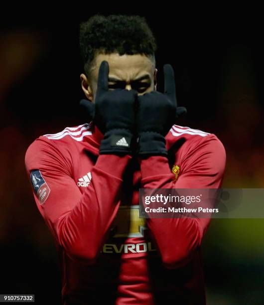 Jesse Lingard of Manchester United celebrates scoring their third goal during the Emirates FA Cup Fourth Round match between Yeovil Town and...