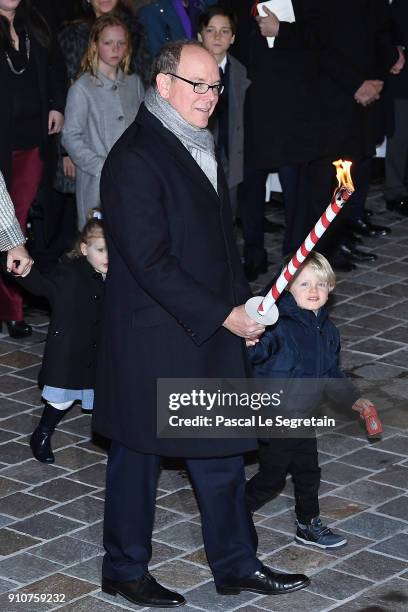 Prince Albert II of Monaco, Prince Jacques of Monaco and Princess Gabriella of Monaco attend the ceremony of Sainte-Devote on January 26, 2018 in...