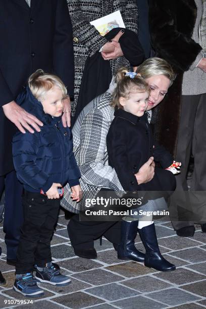 Princess Charlene of Monaco, Prince Jacques of Monaco and Princess Gabriella of Monaco attend the ceremony of Sainte-Devote on January 26, 2018 in...