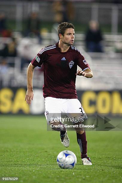 Drew Moor of the Colorado Rapids controls the ball against the San Jose Earthquakes on September 23, 2009 at Dick's Sporting Goods Park in Commerce...