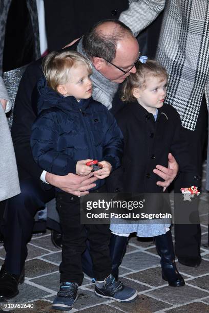 Prince Albert II of Monaco, Prince Jacques of Monaco and Princess Gabriella of Monaco attend the ceremony of Sainte-Devote on January 26, 2018 in...