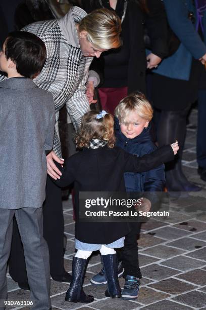 Princess Charlene of Monaco, Prince Jacques of Monaco and Princess Gabriella of Monaco attend the ceremony of Sainte-Devote on January 26, 2018 in...