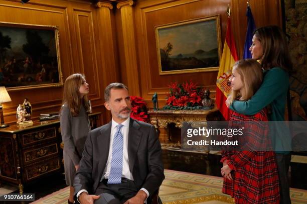 In this handout picture provided by the Spanish Royal House, Princess Sofia, King Felipe of Spain, Princess Leonor and Queen Letizia of Spain are...