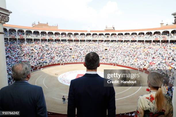In this handout picture provided by the Spanish Royal House, King Felipe of Spain attends 'Corrida de la beneficencia' at Las Ventas bullring on June...