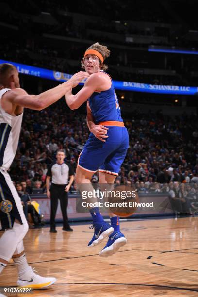 Ron Baker of the New York Knicks passes the ball against the Denver Nuggets on January 25, 2018 at the Pepsi Center in Denver, Colorado. NOTE TO...