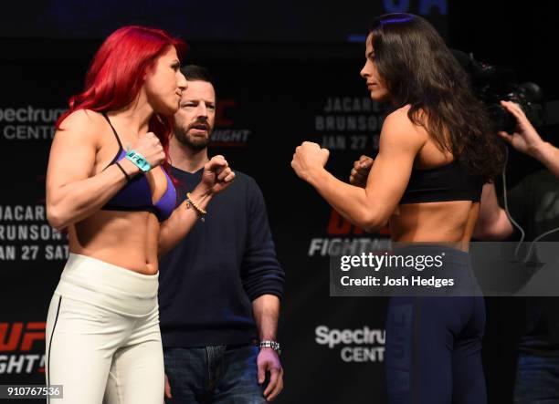 Randa Markos of Iraq and Juliana Lima face off during a UFC Fight Night weigh-in on January 26, 2018 in Charlotte, North Carolina.