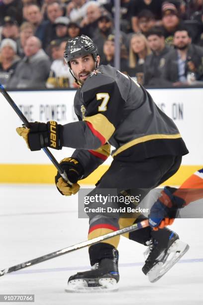 Jason Garrison of the Vegas Golden Knights skates against the New York Islanders during the game at T-Mobile Arena on January 25, 2018 in Las Vegas,...